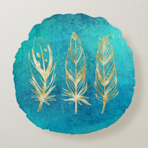 Coussins Ronds Plumes bleu et or turquoise