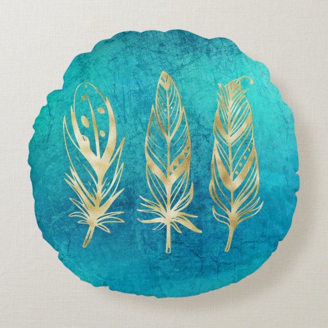 Coussins Ronds Plumes bleu et or turquoise (Devant)