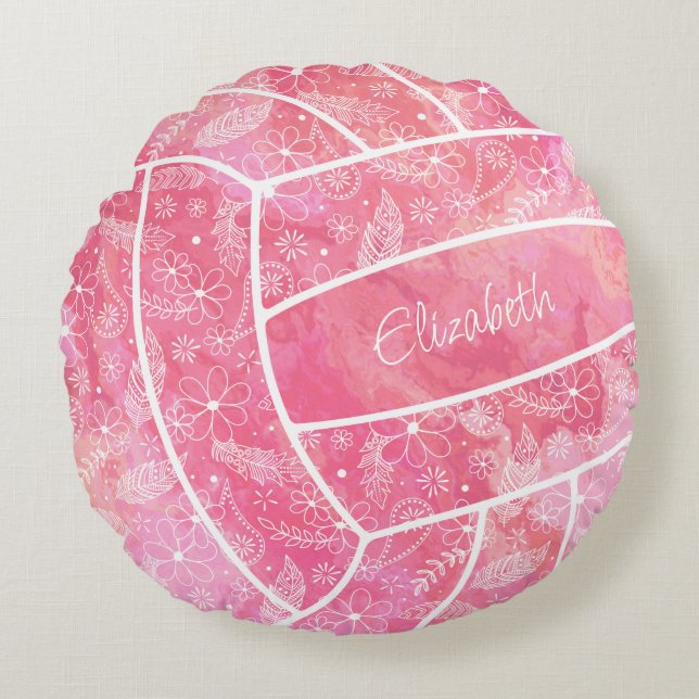 Coussins Ronds plumes paislies motif floral rose volleyball (Devant)