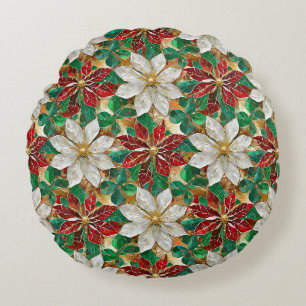 Coussins Ronds Poinsettia Blanc Rouge Vert Or