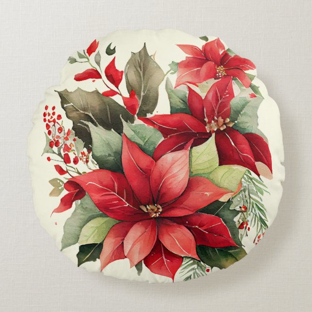 Coussins Ronds Poinsettia Holly Berry Rouge Blanc Fleur Noël (Devant)