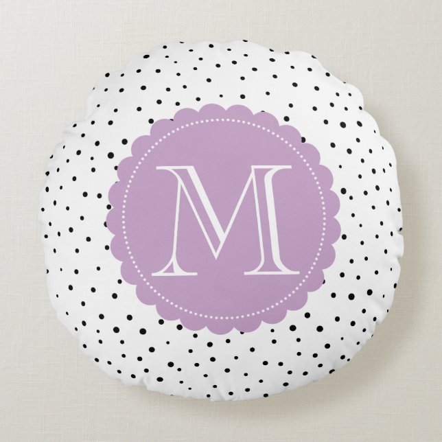 Coussins Ronds Points Confetti noirs et blancs Monogramme Lilac r (Devant)