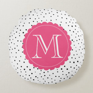 Coussins Ronds Points Confetti noirs et blancs Monogramme rose ch
