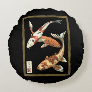 Coussins Ronds Poisson rouge de Koi de deux Japonais sur