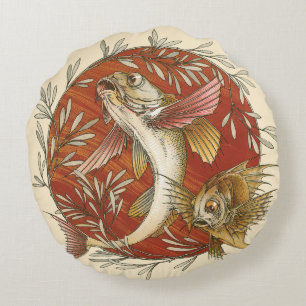 Coussins Ronds Poisson Volant Japonais et Feuilles de Bambou Art 