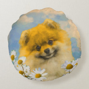 Coussins Ronds Poméranien dans Daisies Peinture - Art Chien origi