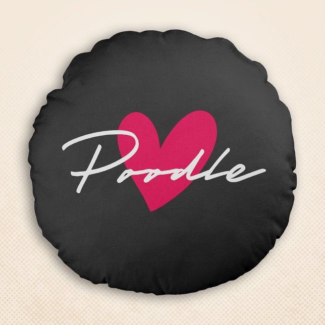 Coussins Ronds Poodle Chic & Fancy Script Gris avec / Coeur rose (Poodle Chic & Fancy Script Grey w/ Pink Heart Round Pillow)