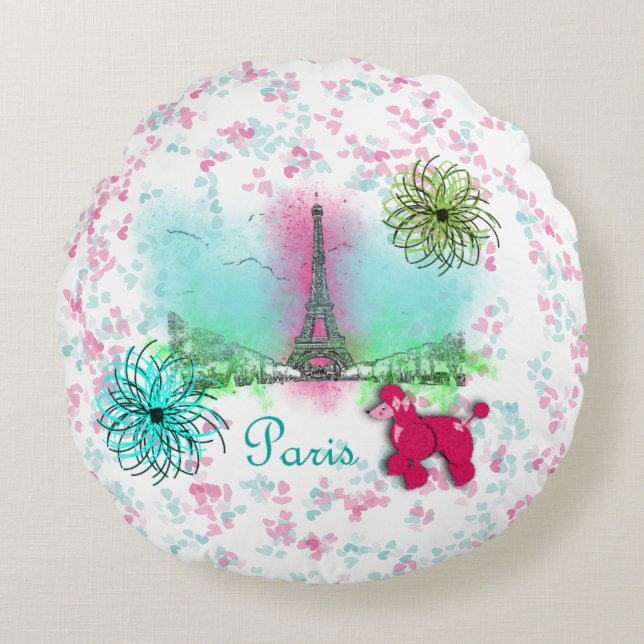 Coussins Ronds Poodle rose Paris Tour Eiffel (Devant)