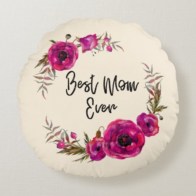 Coussins Ronds Poppies florales rose Fuchsia Wreath Meilleure mam (Devant)