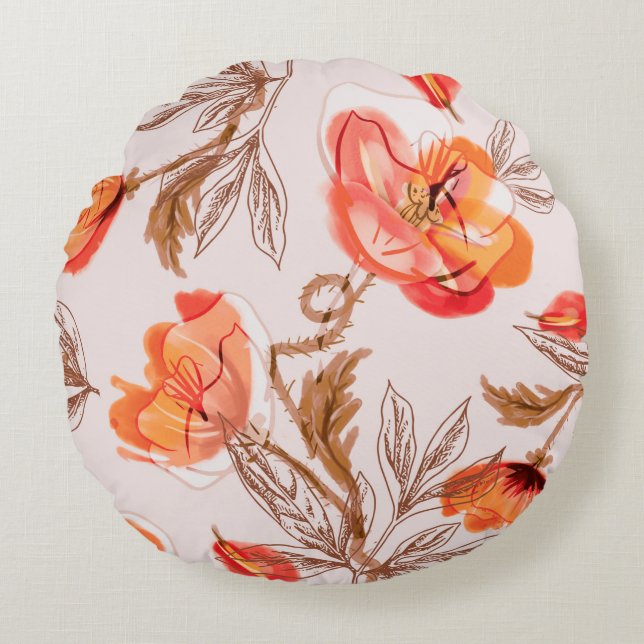 Coussins Ronds Poppies Flowers Seamless Pattern on a Beige Backgr (Devant)
