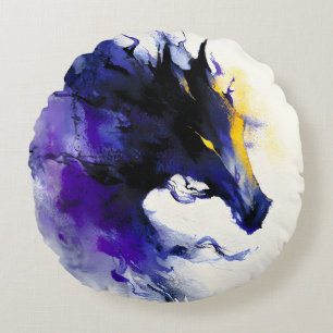 Coussins Ronds Portrait abstrait aquarelle cheval noir