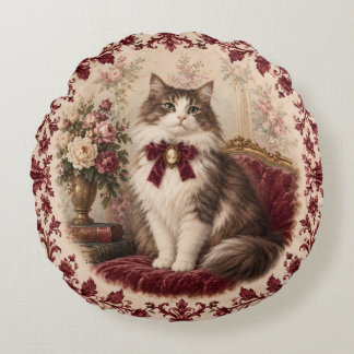 Coussins Ronds Portrait de chat victorien floral bordeaux vintage