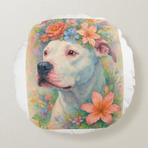 Coussins Ronds Portrait de Pit Bull Floral Coloré en Impression G