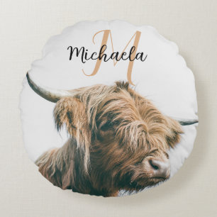 Coussins Ronds Portrait de vache Highland nom personnalisé monogr