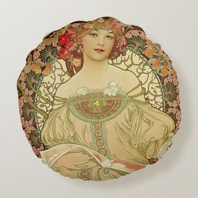Coussins Ronds Portrait femelle Alphonse Mucha (Dos)