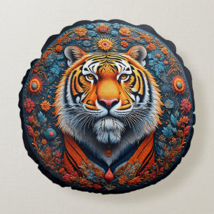 Coussins Ronds Portrait majestueux de tigre entouré de fleurs