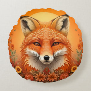 Coussins Ronds Portrait majestueux d'un renard entouré de fleurs 