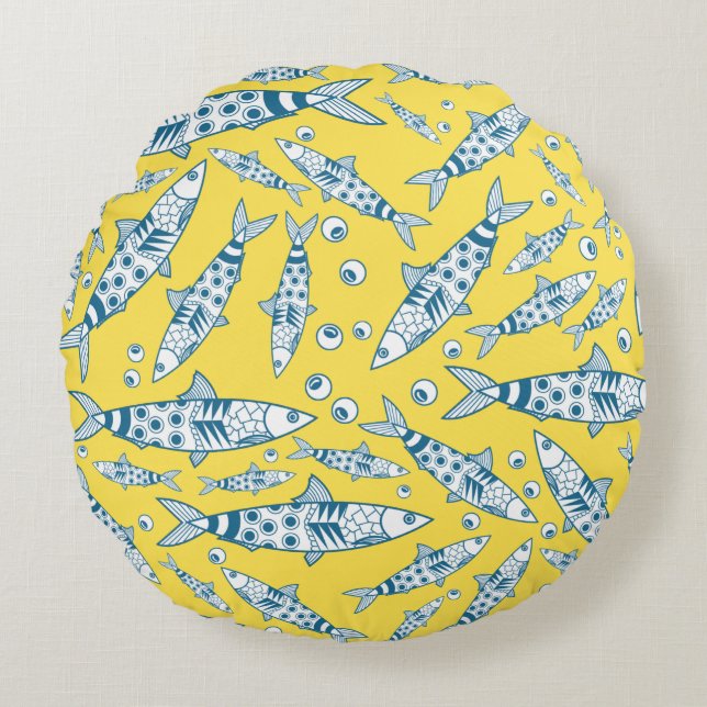 Coussins Ronds Portugais Lisbonne Sardines Motif Azulejos Jaune (Devant)