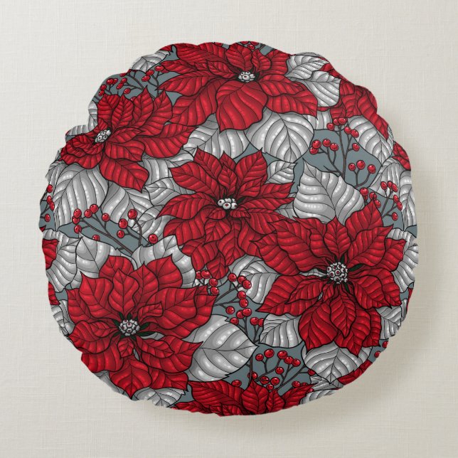 Coussins Ronds Potsettia rouge et baies, conception de Noël (Devant)