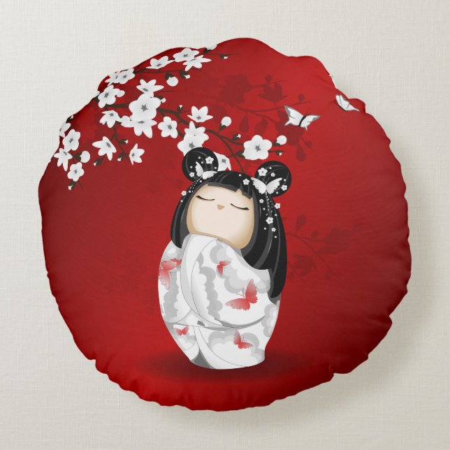 Coussins Ronds Poupée Kokeshi Rouge Noir Blanc Cerisier Fleurs (Dos)