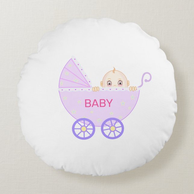 Coussins Ronds Poussette bébé avec bébé sur blanc (Devant)