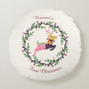 Coussins Ronds Premier cerf de Noël avec couronne personnalisable
