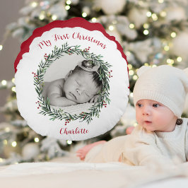 Coussins Ronds Premier Noël du bébé, photo avec nom