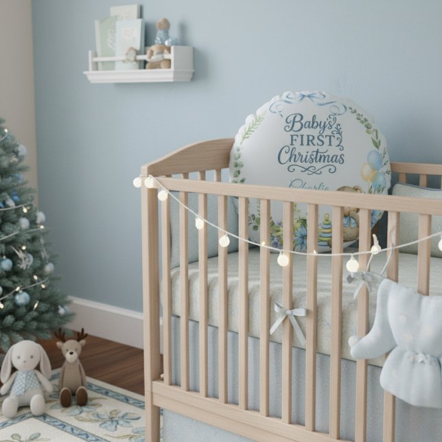 Coussins Ronds Premier Noël personnalisé du bébé garçon Photo (Créateur téléchargé)