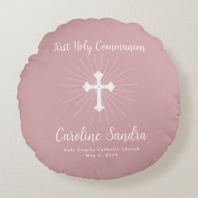 Coussins Ronds Première communion rose poussiéreuse avec croix (Devant)
