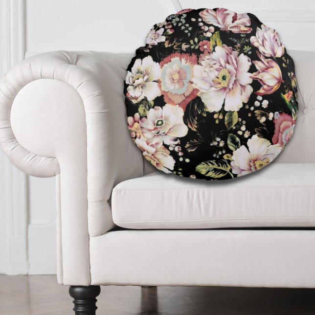 Coussins Ronds Preppy bohème pays girly chic noir floral (Preppy bohemian country girly chic black floral round pillow)