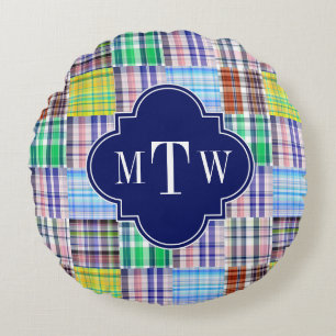 Coussins Ronds Preppy Patchwork Madras Navy Quatrefoil Monogramme