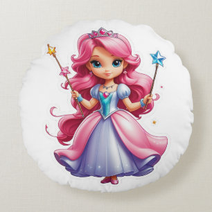 Coussins Ronds Princesse Rose Avec Baguette Magique Et Tiara