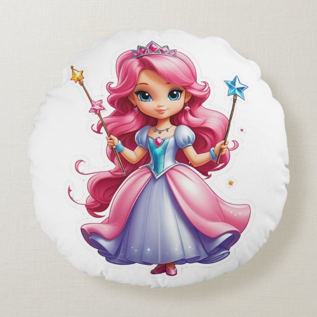 Coussins Ronds Princesse Rose Avec Baguette Magique Et Tiara (Devant)