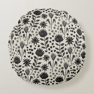 Coussins Ronds Protea Floral Block Print Millefleur noir lin