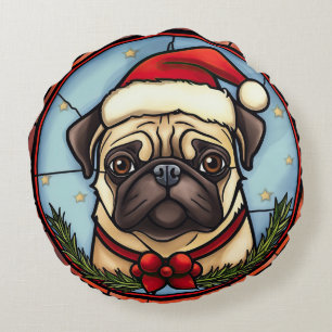 Coussins Ronds Pug Vitrail de Noël