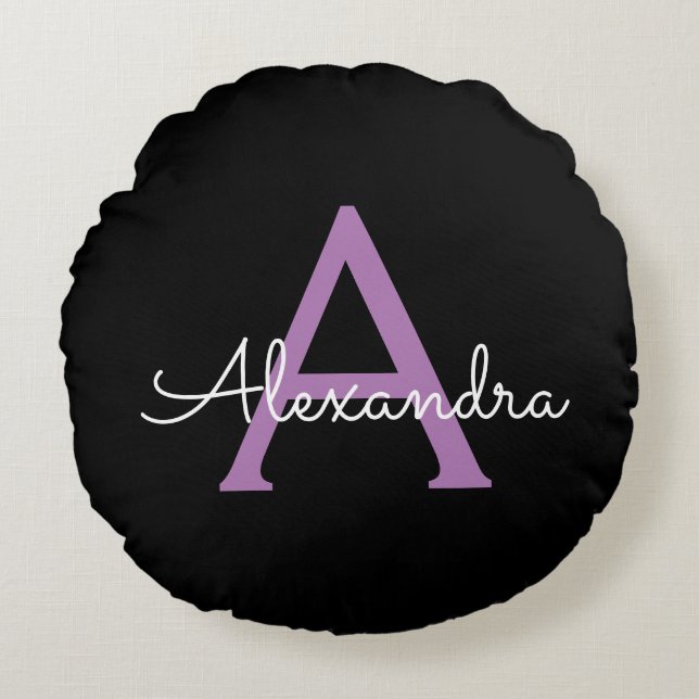 Coussins Ronds Purple Black Script Girl Nom du monogramme (Devant)