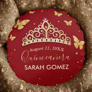 Coussins Ronds Quinceanera d'or Rose rouge