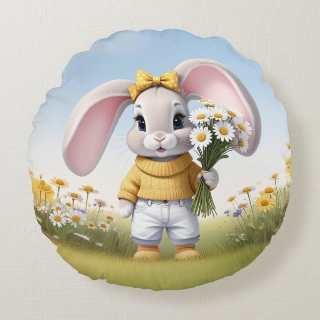 Coussins Ronds Rabbit holding bouquet of white daisies (Devant)