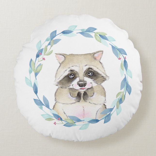 Coussins Ronds Raccoon et couronne florale (Devant)
