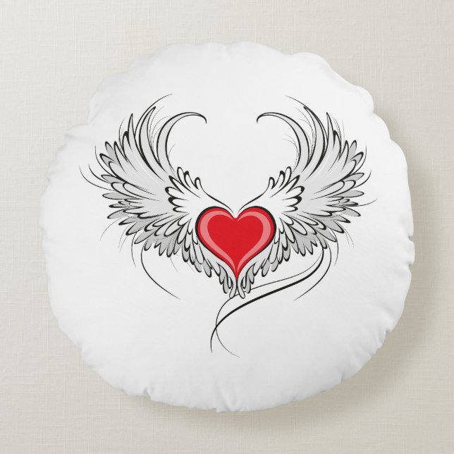 Coussins Ronds Red Angel Coeur avec ailes (Devant)