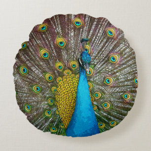 Coussins Ronds Regal Peacock avec Turquoise Blue et Gold Plumage