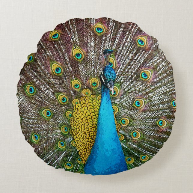 Coussins Ronds Regal Peacock avec Turquoise Blue et Gold Plumage (Devant)
