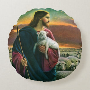 Coussins Ronds Religion vintage, Christ Bon Pasteur avec troupeau