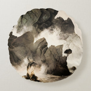 Coussins Ronds Renard mystique printanier de montagne embrumée mi