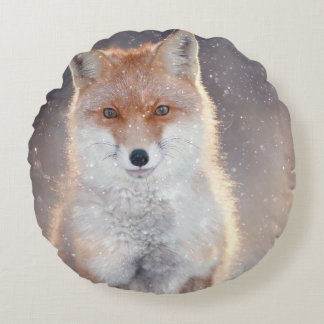 Coussins Ronds Renard rouge, forêt d'hiver, illustration pittores