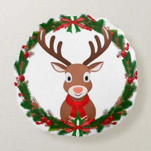 Coussins Ronds Renne de dessin animé par couronne de Noël festive