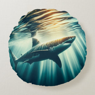 Coussins Ronds Requin dans la mer bleue profonde & soleil