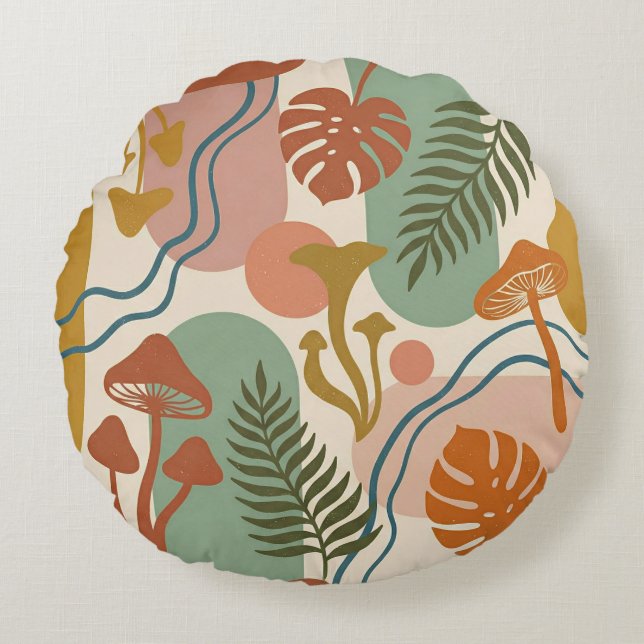 Coussins Ronds Retro Boho Mushroom & Botanical Earth Tones (Devant)
