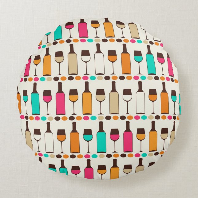 Coussins Ronds Rétros bouteilles et verres de vin (Devant)