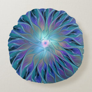 Coussins Ronds Rêve de Fleur Violette Bleue Art Fractal Abstrait